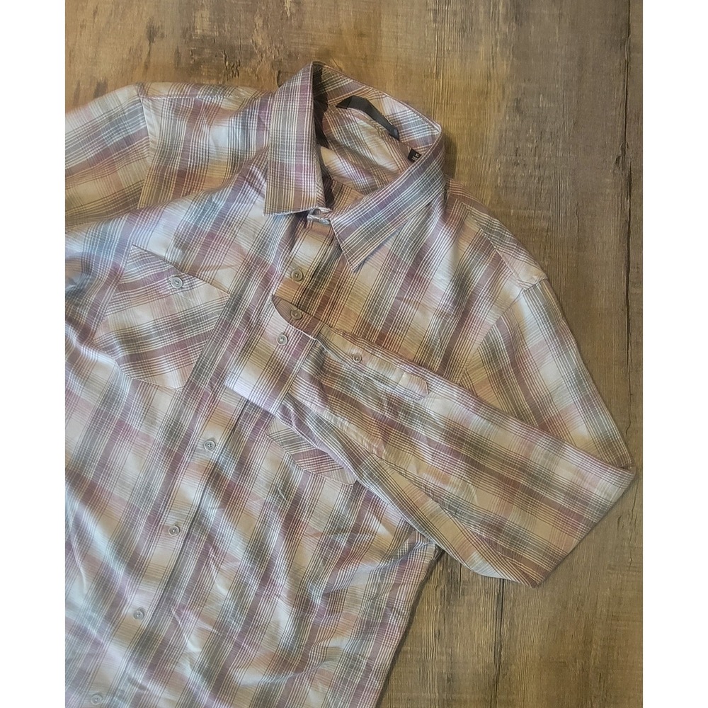 TravisMathew Mens XL Long Sleeve Plaid Button Up Shirt Grey Burgundy‎ RN123280